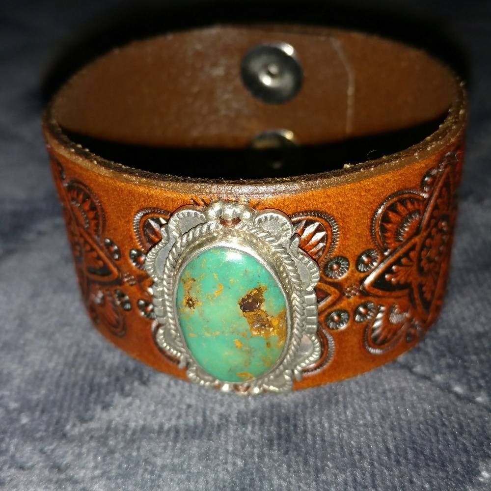 OOAK Handmade Leather Cuff with Turquoise